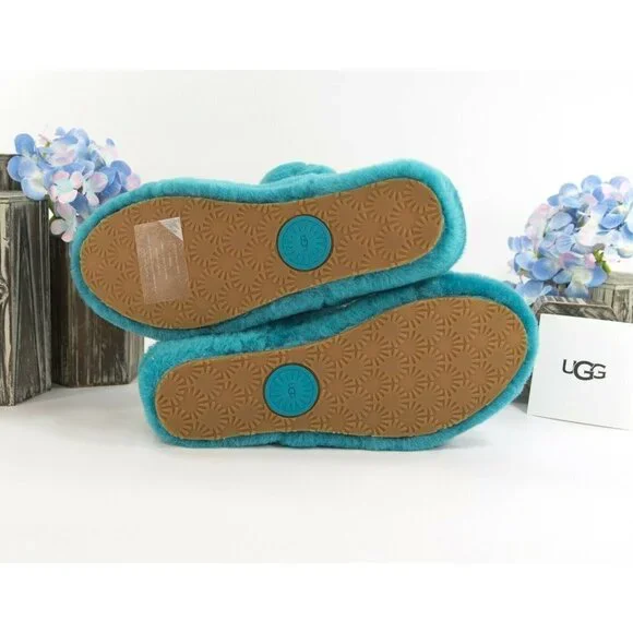 UGG Fluff Oh Yea Aqua Blue Sheepskin Fur Slippers Slides Sandals NIB - Picture 4 of 11
